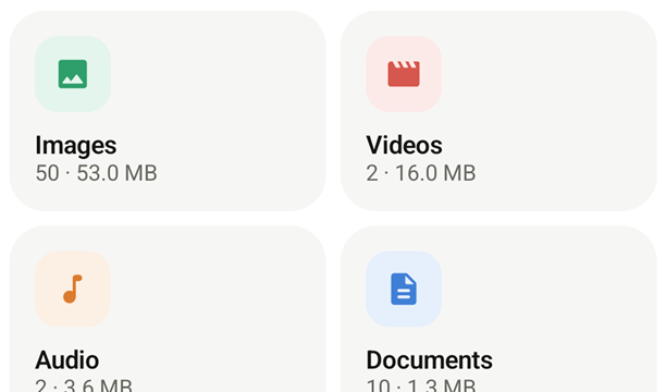 pzip categories: Images, Videos, Audio and Documents with counts and sizes