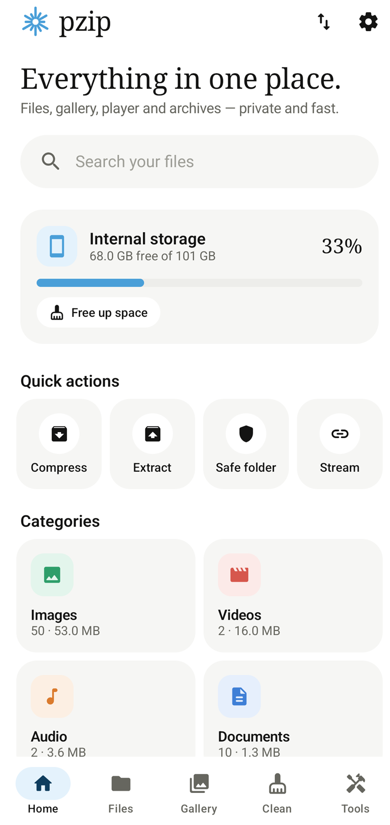 The pzip home screen: storage usage, quick actions for Compress, Extract, Safe folder and Stream, and file categories