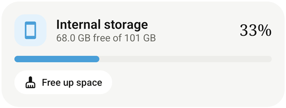 pzip storage card showing 68 GB free of 101 GB and a Free up space button